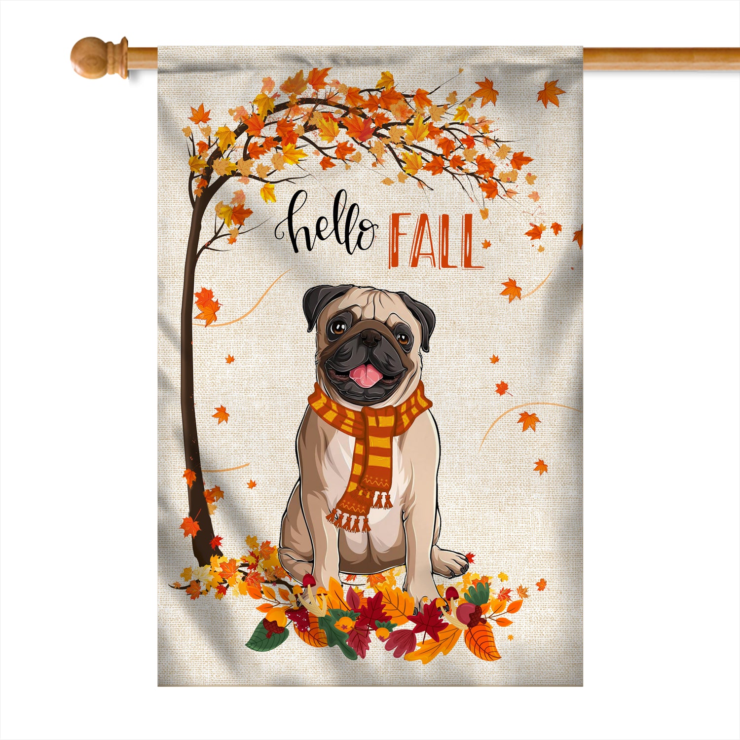 Hello Fall Pug Dog Flag Maple Leaves Orange Pumpkin Autumn | siriusteestore