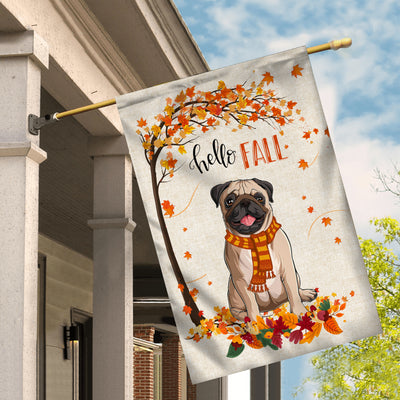 Hello Fall Pug Dog Flag Maple Leaves Orange Pumpkin Autumn | siriusteestore