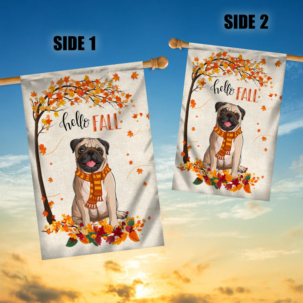 Hello Fall Pug Dog Flag Maple Leaves Orange Pumpkin Autumn | siriusteestore