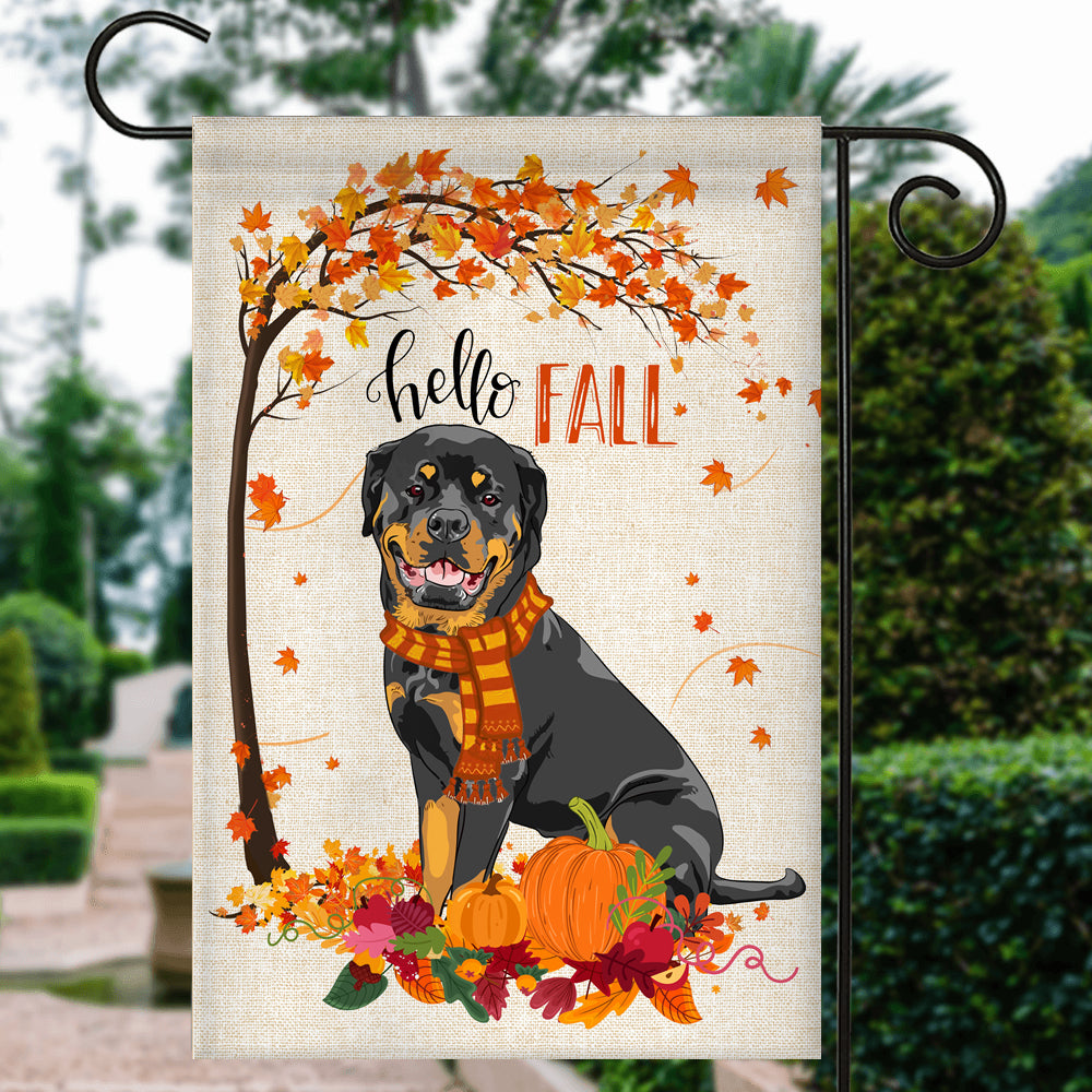 Hello Fall Rottweiler Dog Flag Maple Leaves Orange Pumpkin Autumn | siriusteestore