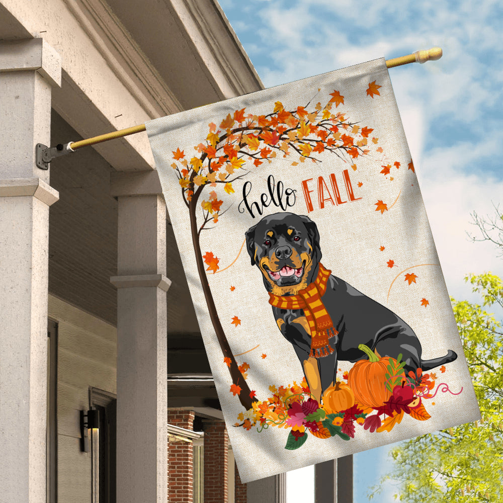 Hello Fall Rottweiler Dog Flag Maple Leaves Orange Pumpkin Autumn | siriusteestore