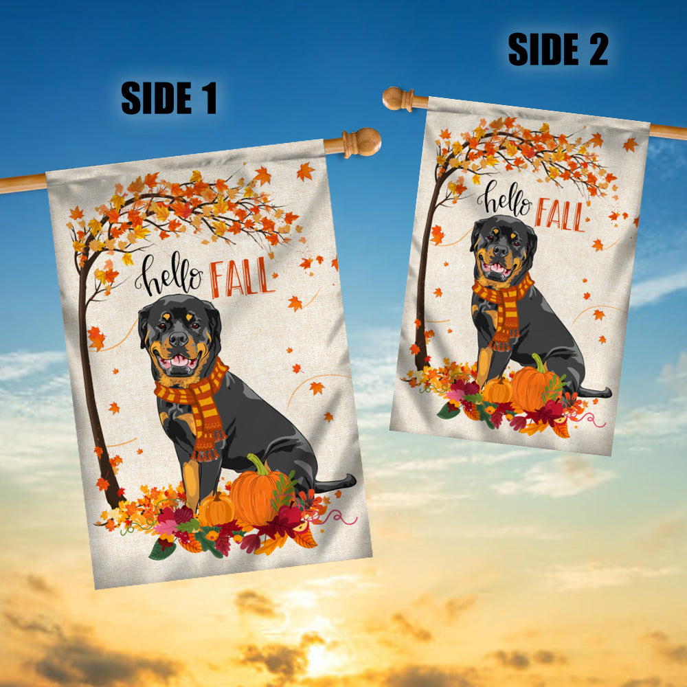 Hello Fall Rottweiler Dog Flag Maple Leaves Orange Pumpkin Autumn | siriusteestore