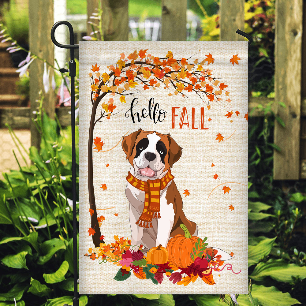 Hello Fall Saint Bernard Dog Flag Maple Leaves Orange Pumpkin Autumn | siriusteestore