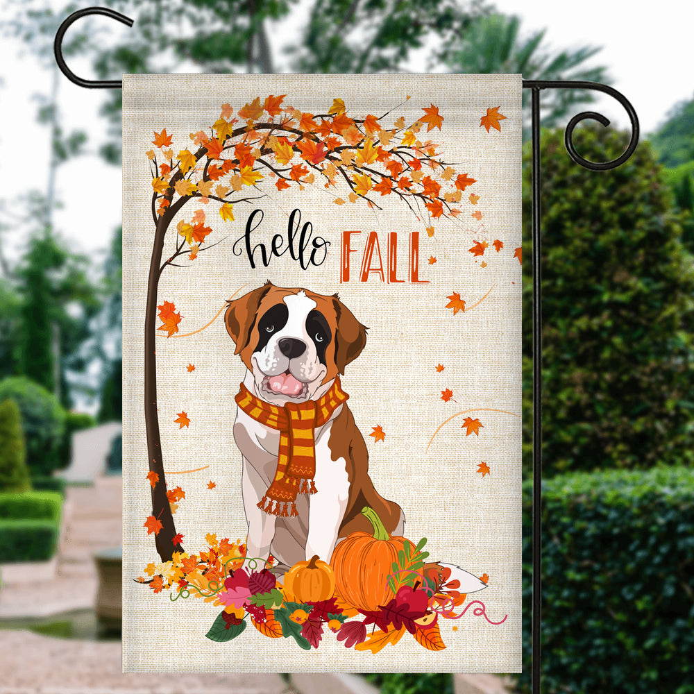 Hello Fall Saint Bernard Dog Flag Maple Leaves Orange Pumpkin Autumn | siriusteestore
