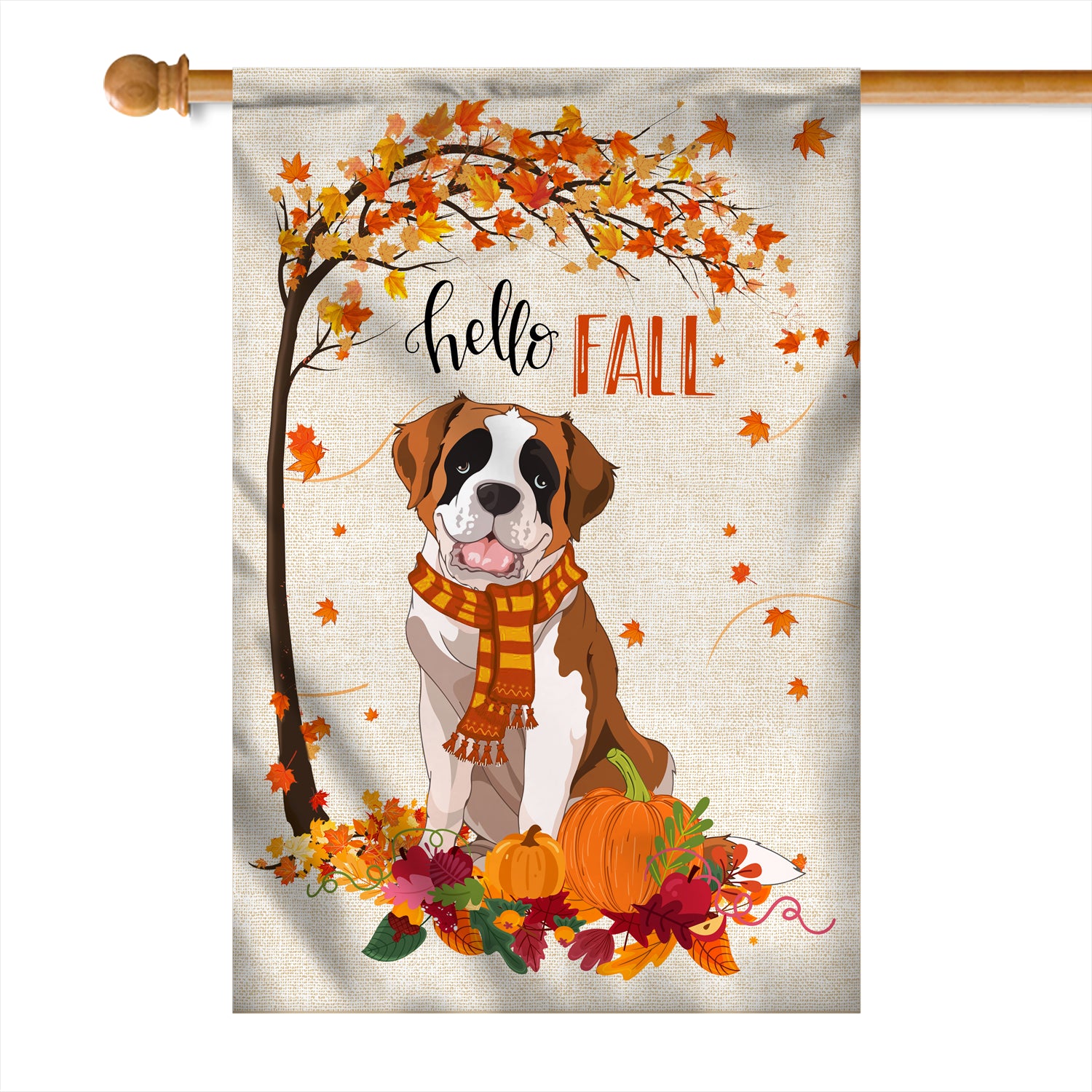Hello Fall Saint Bernard Dog Flag Maple Leaves Orange Pumpkin Autumn | siriusteestore