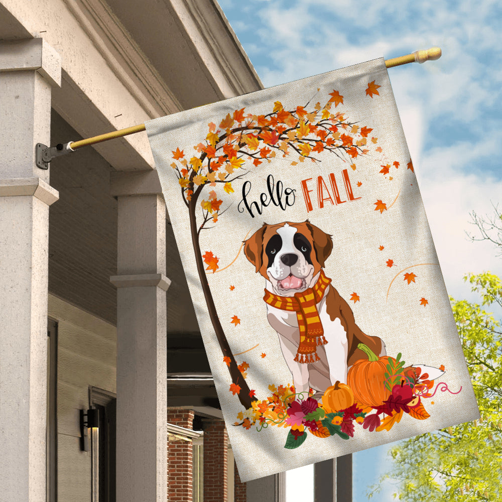 Hello Fall Saint Bernard Dog Flag Maple Leaves Orange Pumpkin Autumn | siriusteestore