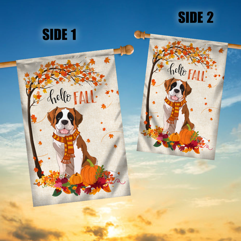 Hello Fall Saint Bernard Dog Flag Maple Leaves Orange Pumpkin Autumn | siriusteestore
