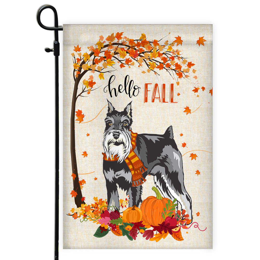 Hello Fall Schnauzer Dog Flag Maple Leaves Orange Pumpkin Autumn | siriusteestore