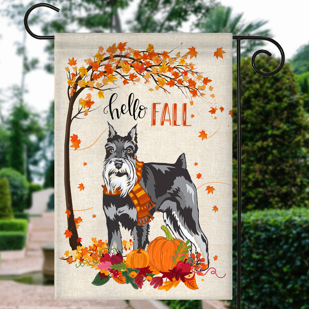 Hello Fall Schnauzer Dog Flag Maple Leaves Orange Pumpkin Autumn | siriusteestore