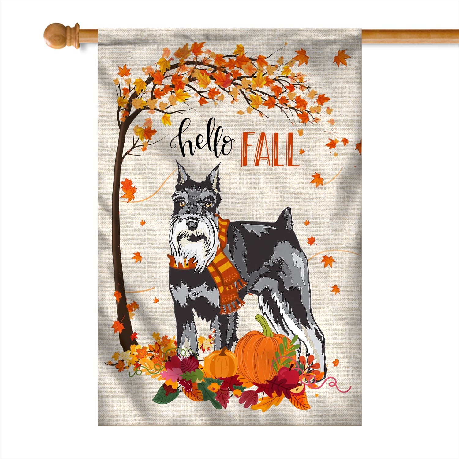 Hello Fall Schnauzer Dog Flag Maple Leaves Orange Pumpkin Autumn | siriusteestore