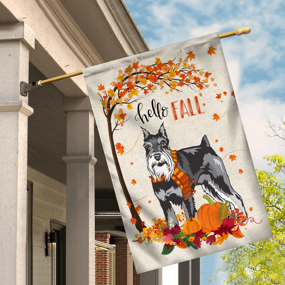 Hello Fall Schnauzer Dog Flag Maple Leaves Orange Pumpkin Autumn | siriusteestore