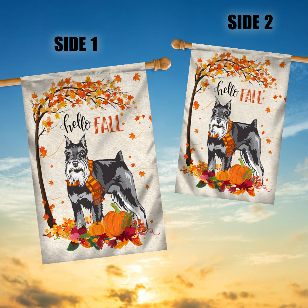 Hello Fall Schnauzer Dog Flag Maple Leaves Orange Pumpkin Autumn | siriusteestore