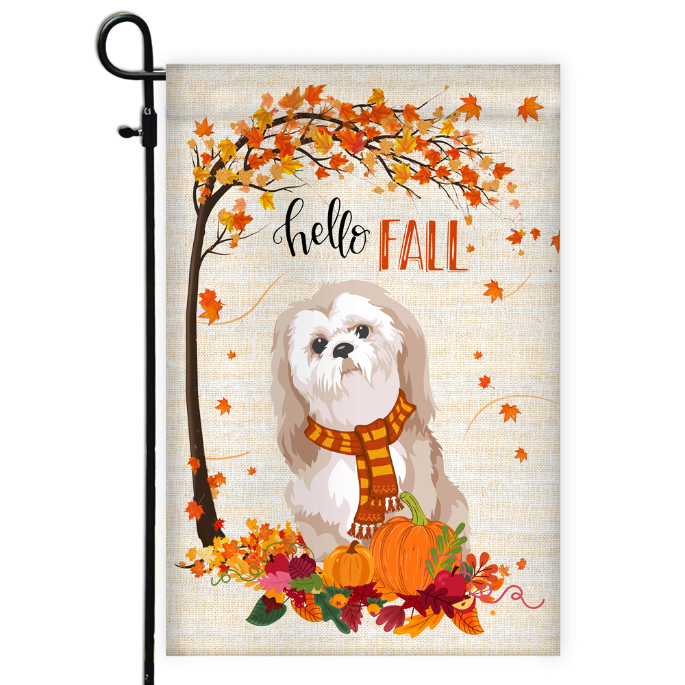 Hello Fall Shih Tzu Dog Flag Maple Leaves Orange Pumpkin Autumn | siriusteestore