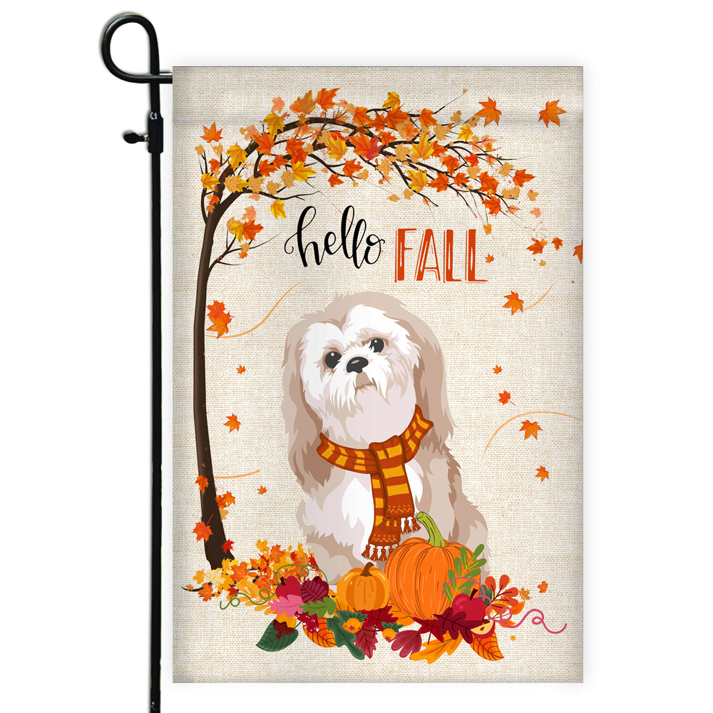 Hello Fall Shih Tzu Dog Flag Maple Leaves Orange Pumpkin Autumn | siriusteestore