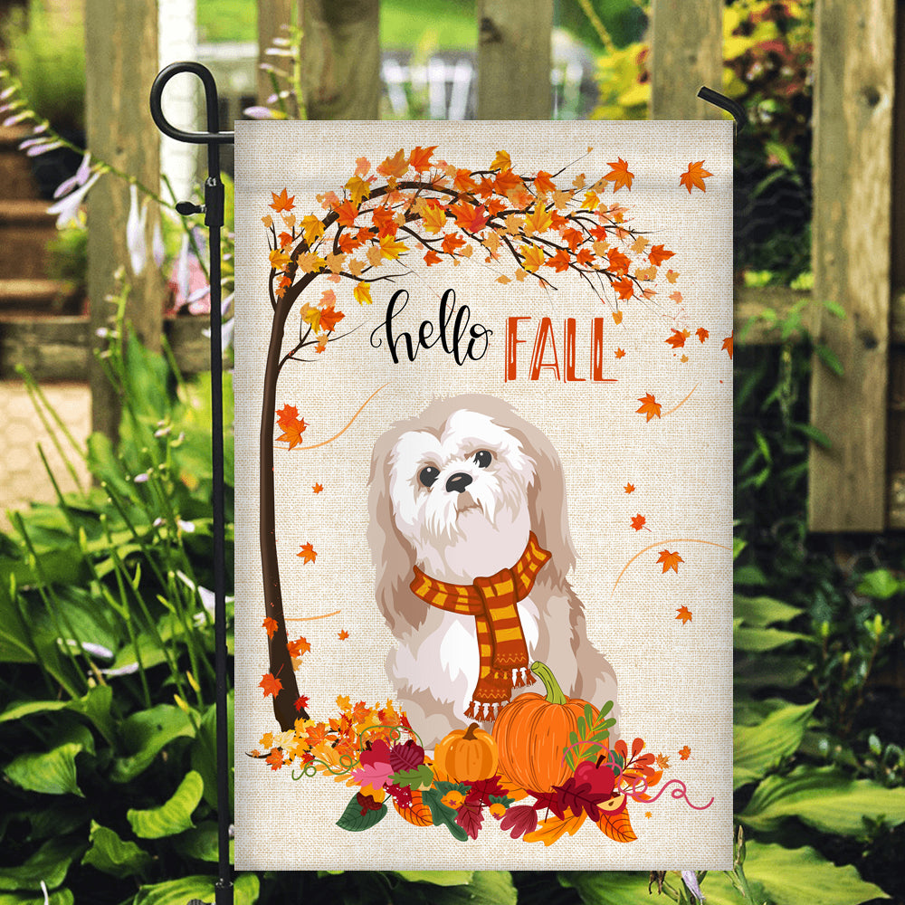 Hello Fall Shih Tzu Dog Flag Maple Leaves Orange Pumpkin Autumn | siriusteestore