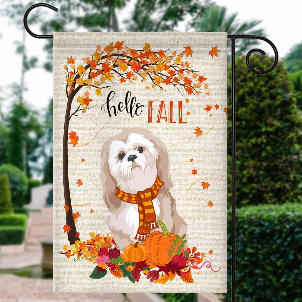 Hello Fall Shih Tzu Dog Flag Maple Leaves Orange Pumpkin Autumn | siriusteestore