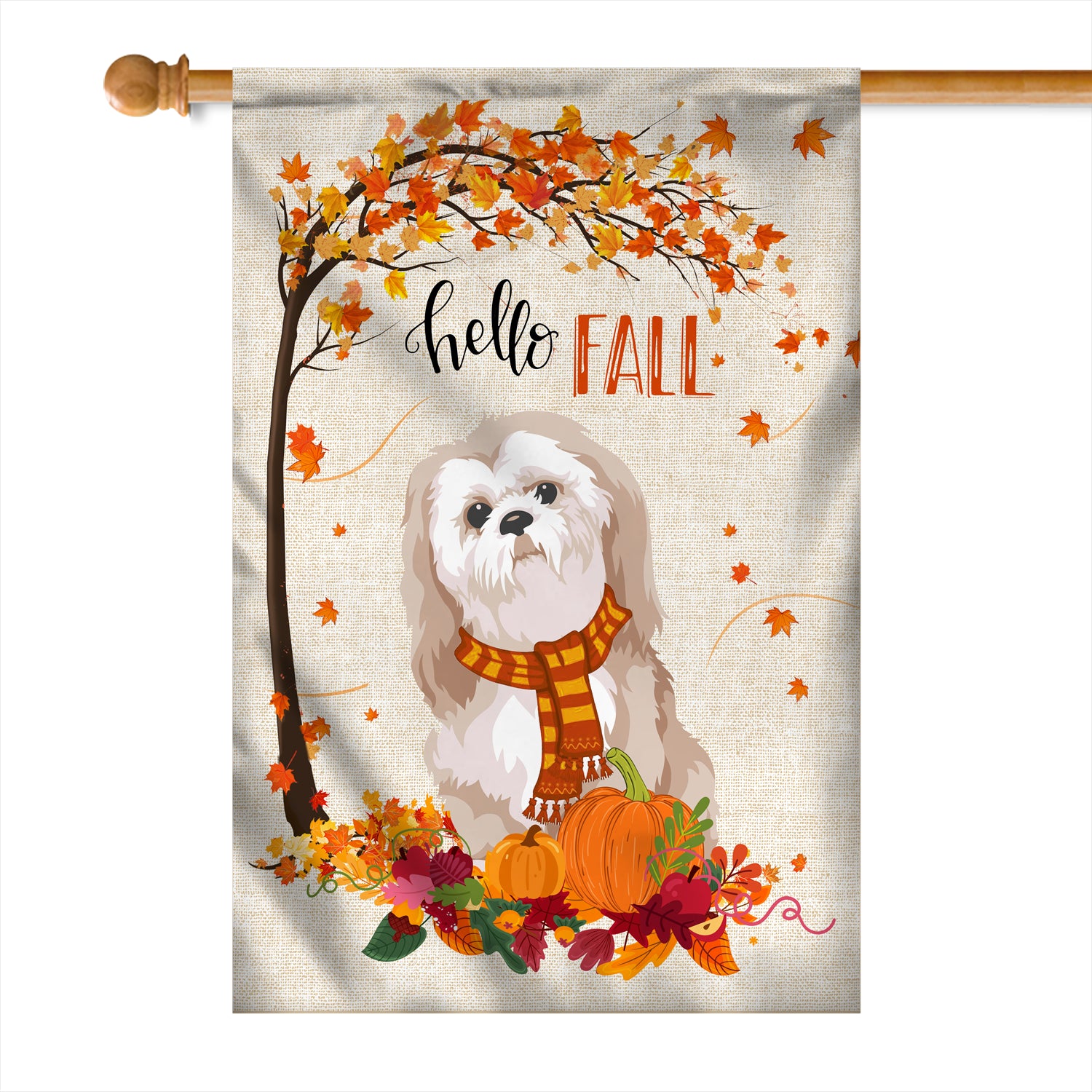 Hello Fall Shih Tzu Dog Flag Maple Leaves Orange Pumpkin Autumn | siriusteestore