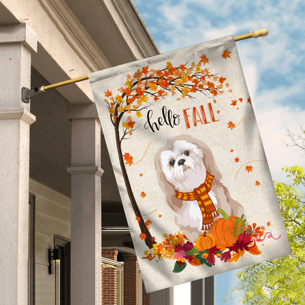 Hello Fall Shih Tzu Dog Flag Maple Leaves Orange Pumpkin Autumn | siriusteestore