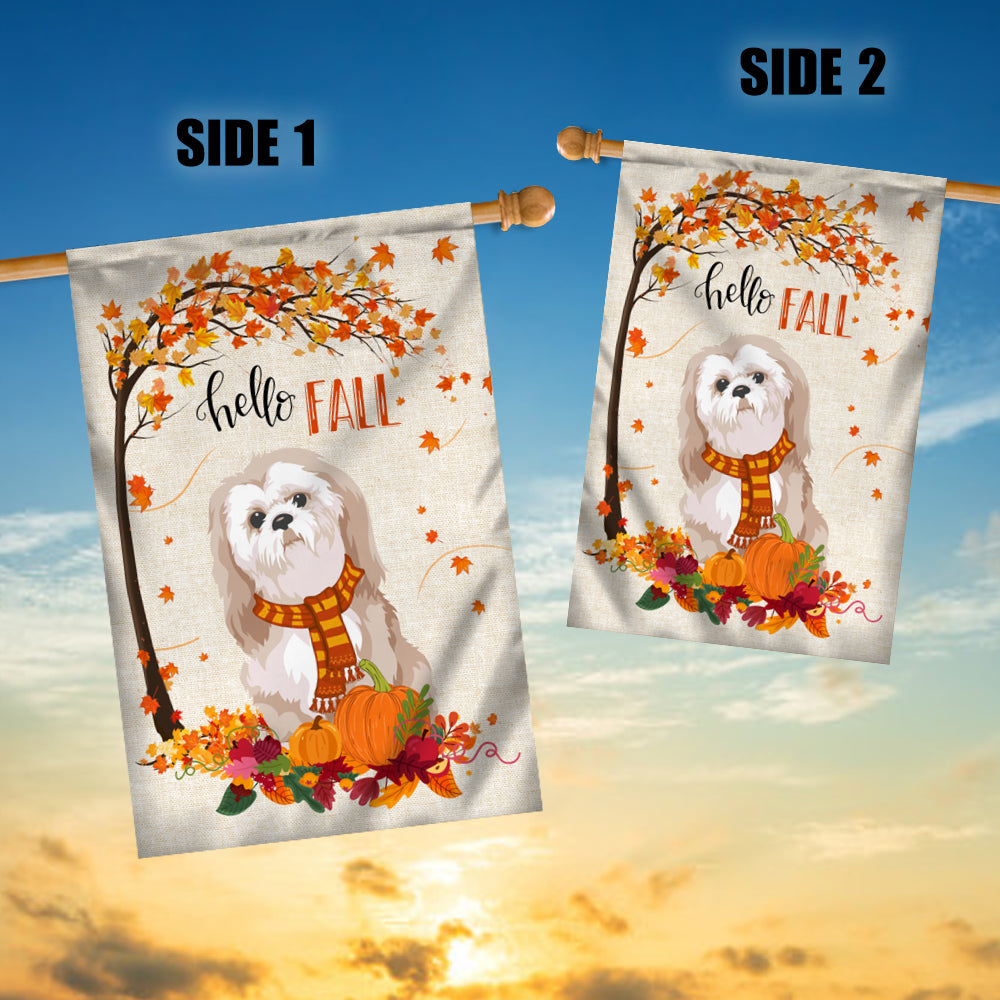 Hello Fall Shih Tzu Dog Flag Maple Leaves Orange Pumpkin Autumn | siriusteestore