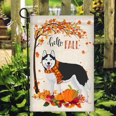 Hello Fall Siberian Husky Dog Flag Maple Leaves Orange Pumpkin Autumn | siriusteestore