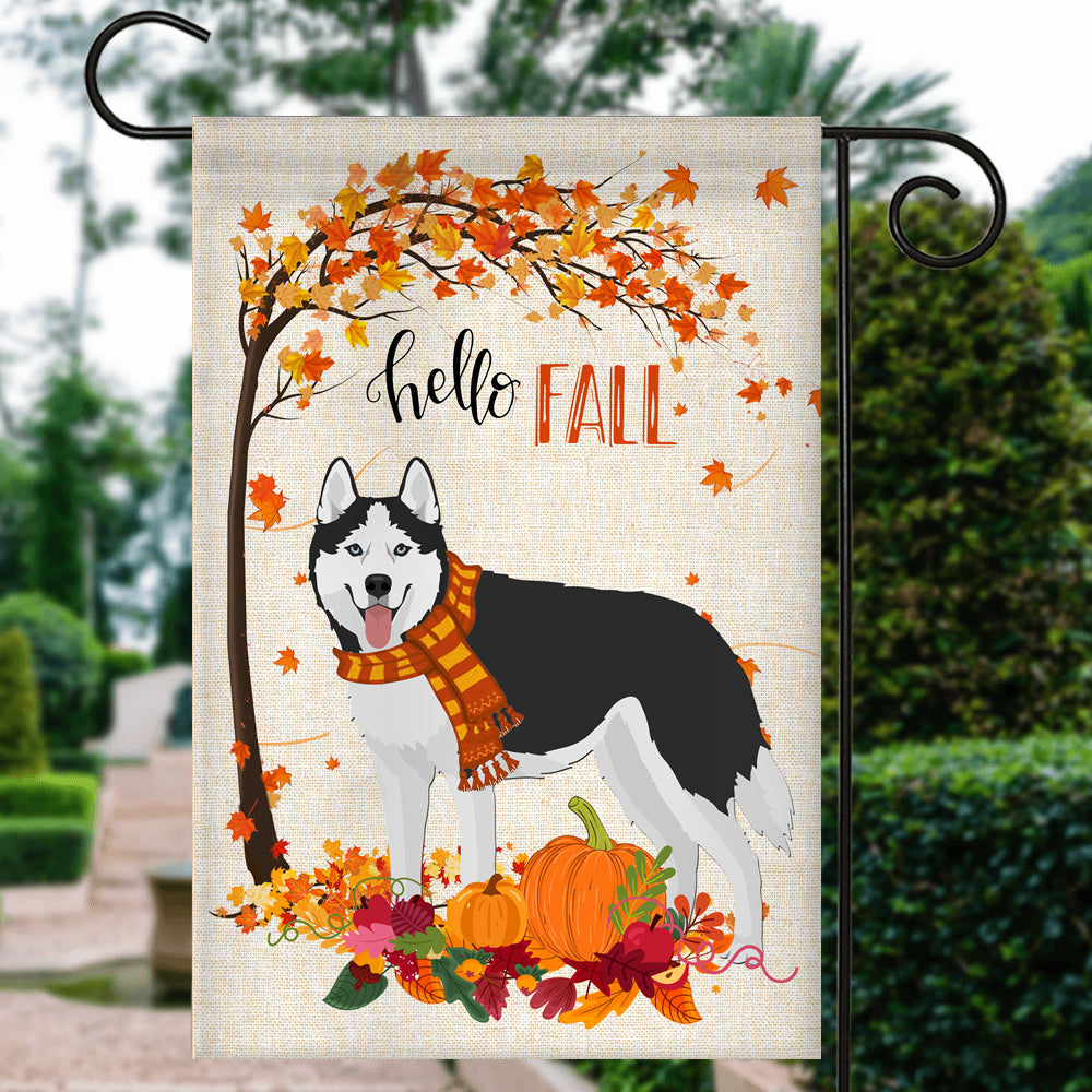 Hello Fall Siberian Husky Dog Flag Maple Leaves Orange Pumpkin Autumn | siriusteestore