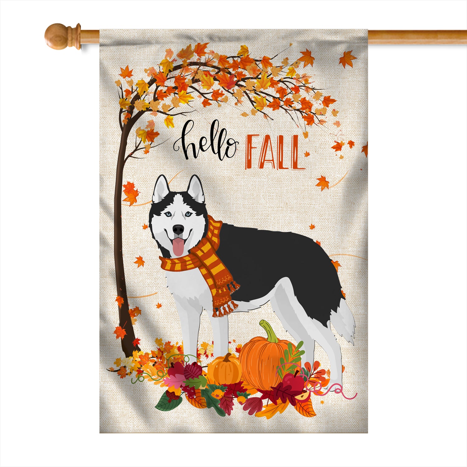 Hello Fall Siberian Husky Dog Flag Maple Leaves Orange Pumpkin Autumn | siriusteestore