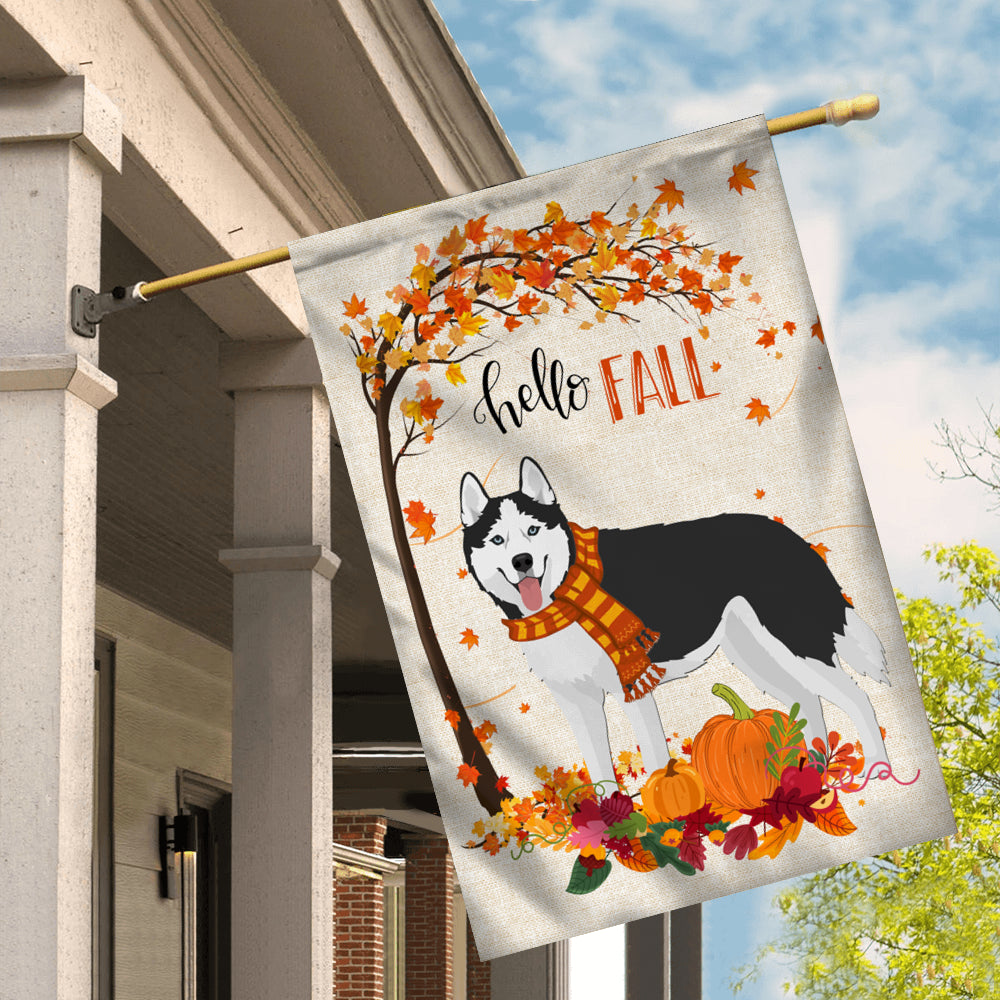 Hello Fall Siberian Husky Dog Flag Maple Leaves Orange Pumpkin Autumn | siriusteestore