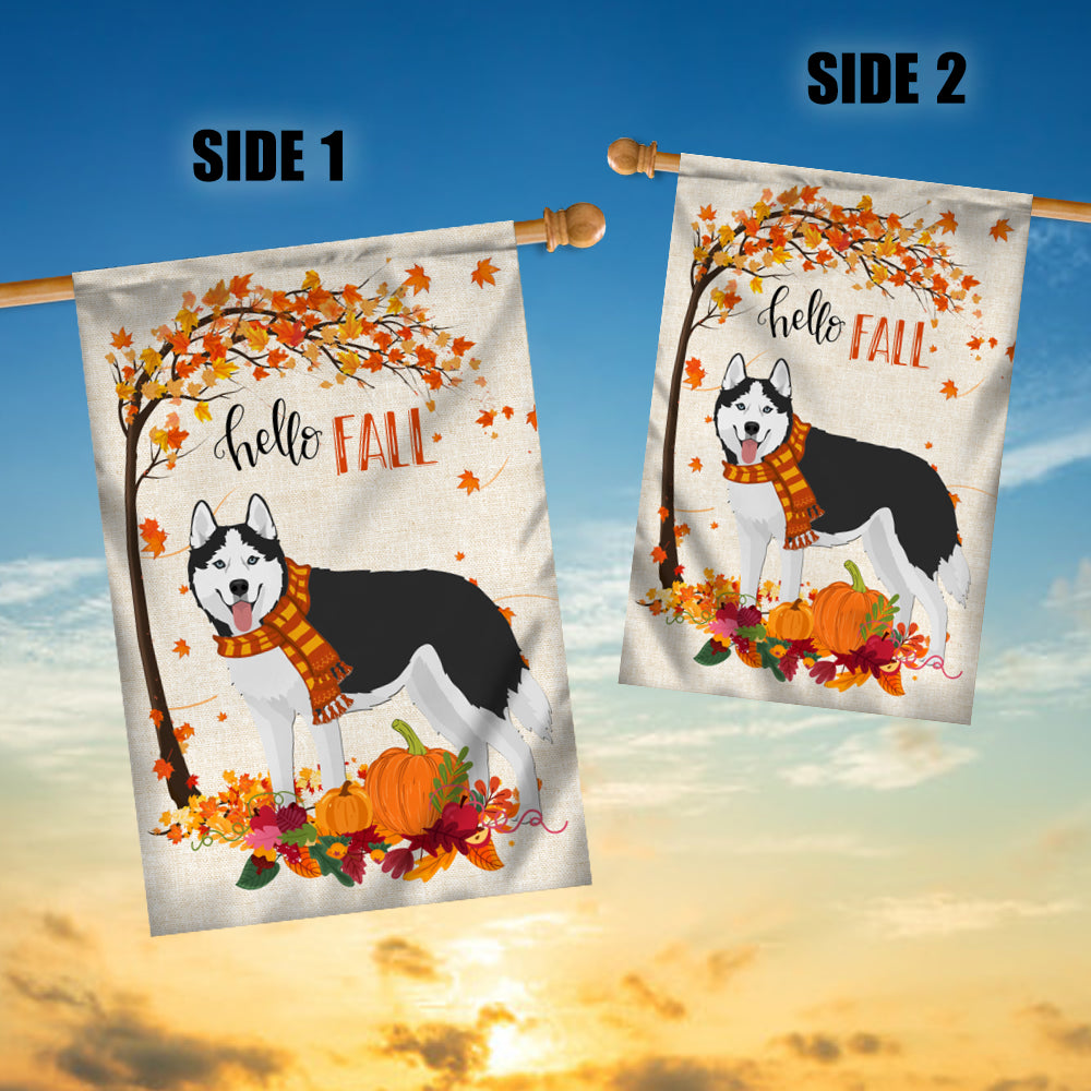 Hello Fall Siberian Husky Dog Flag Maple Leaves Orange Pumpkin Autumn | siriusteestore