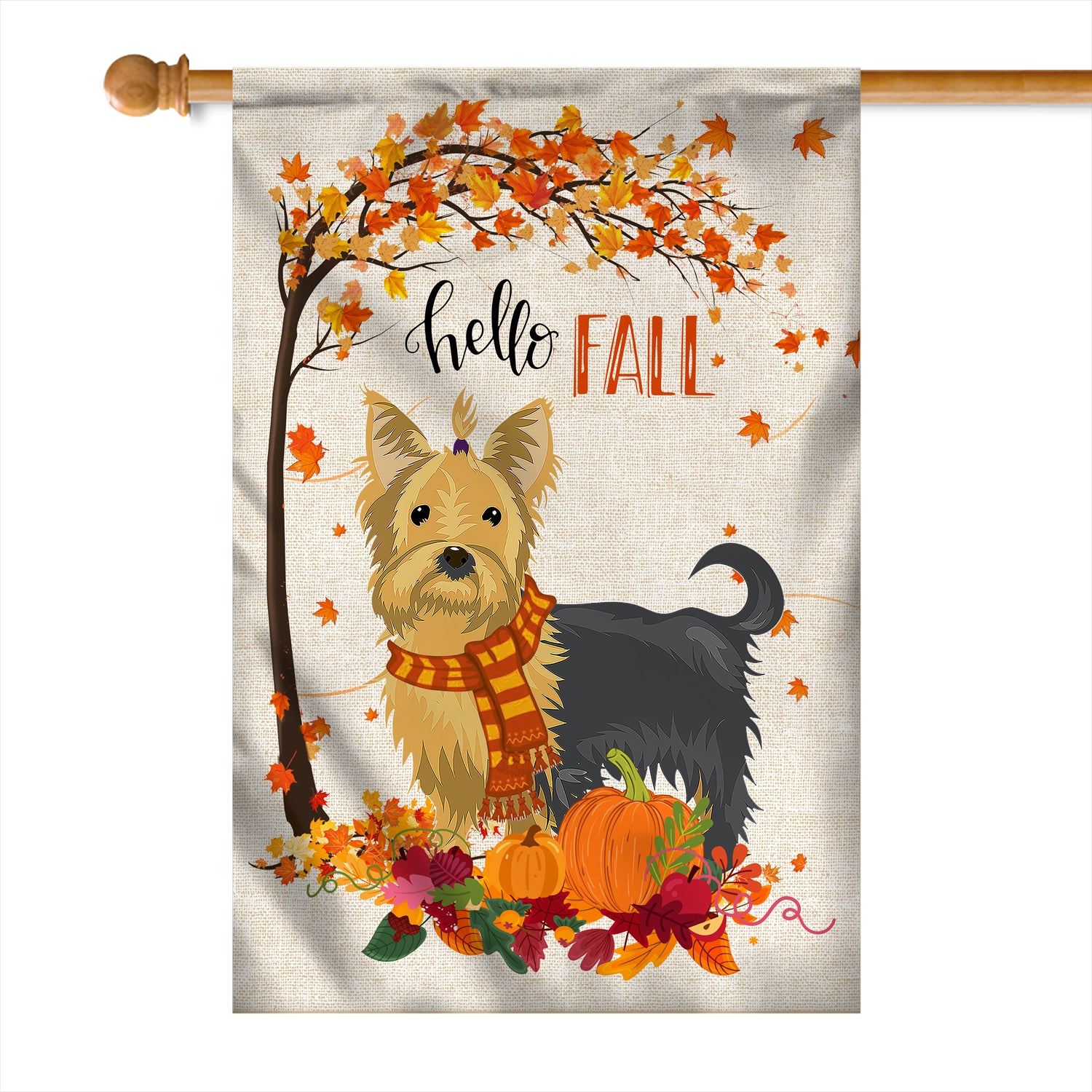 Hello Fall Yorkie Dog Flag Maple Leaves Orange Pumpkin Autumn | siriusteestore