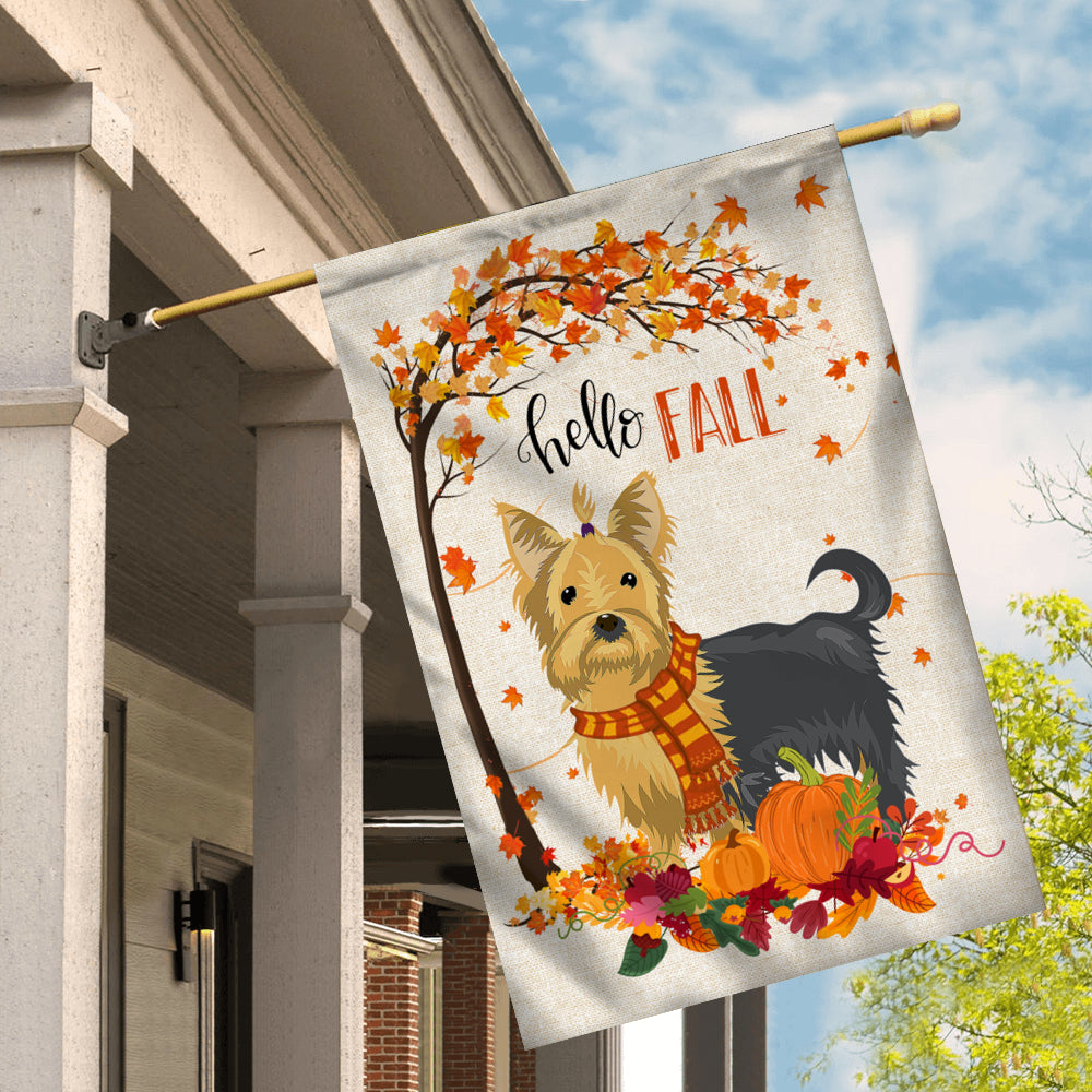 Hello Fall Yorkie Dog Flag Maple Leaves Orange Pumpkin Autumn | siriusteestore