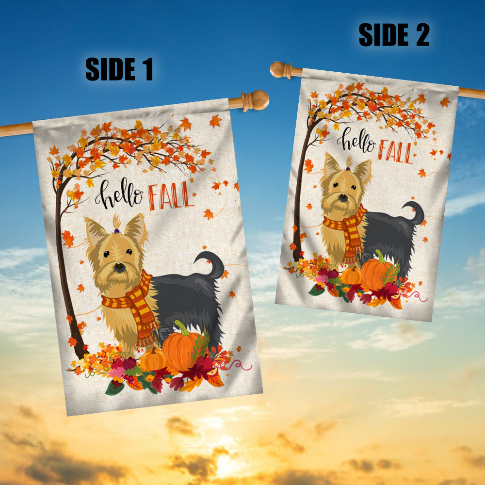 Hello Fall Yorkie Dog Flag Maple Leaves Orange Pumpkin Autumn | siriusteestore