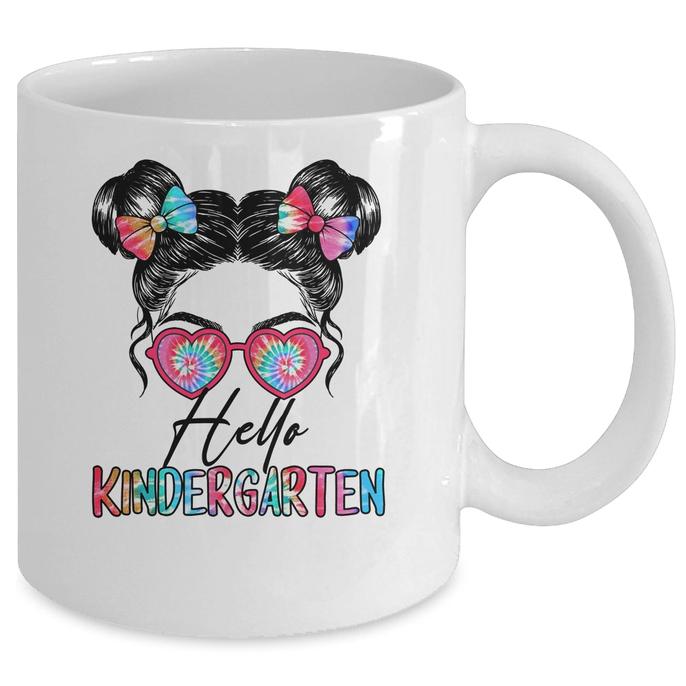 Hello Kindergarten Messy Bun Girls Tie Dye Cute Back To School Mug | siriusteestore