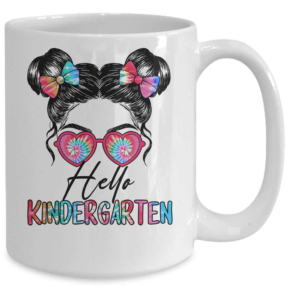 Hello Kindergarten Messy Bun Girls Tie Dye Cute Back To School Mug | siriusteestore