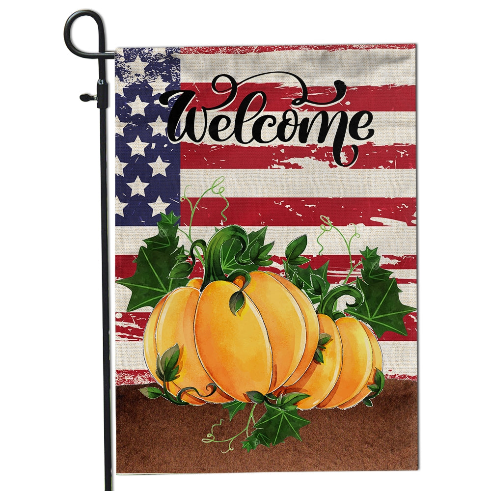 Home Welcome Fall Flag Quote Patriotic House Rustic Autumn Harvest Pumpkin Primitive Vintage Seasonal | siriusteestore