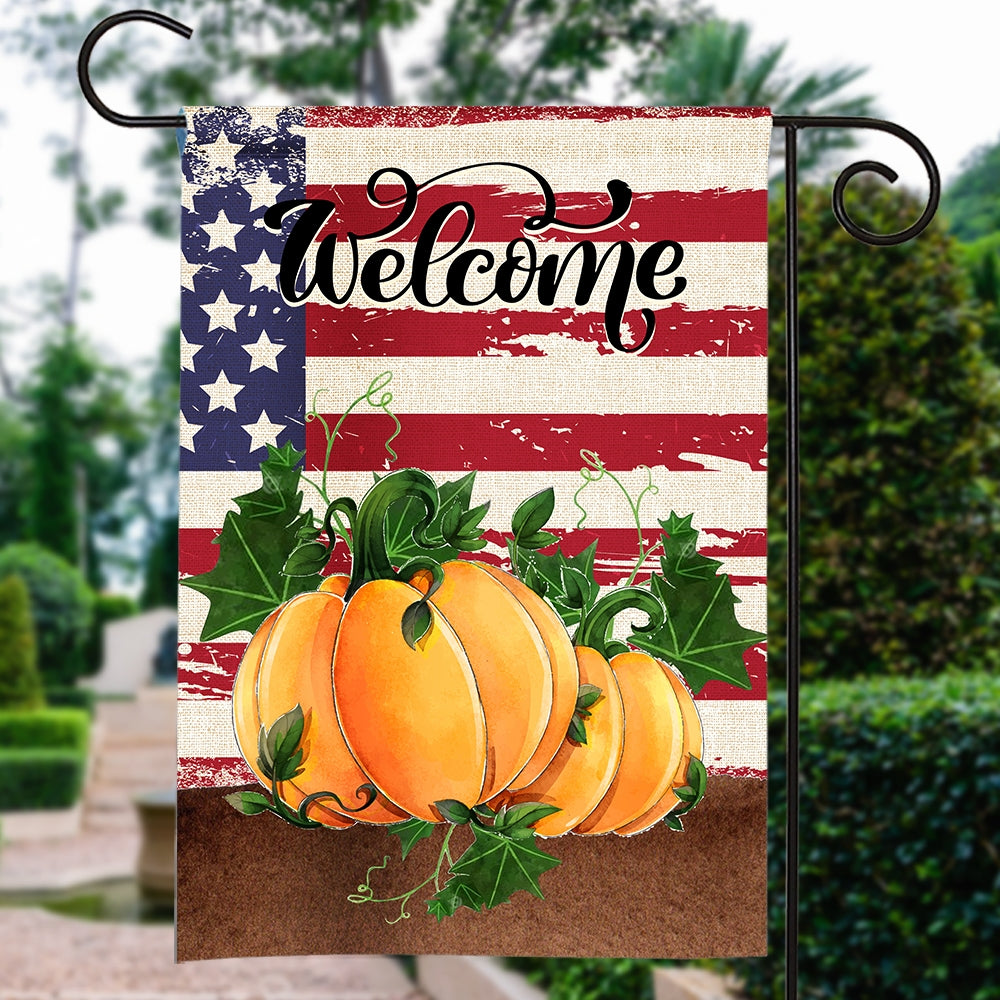 Home Welcome Fall Flag Quote Patriotic House Rustic Autumn Harvest Pumpkin Primitive Vintage Seasonal | siriusteestore