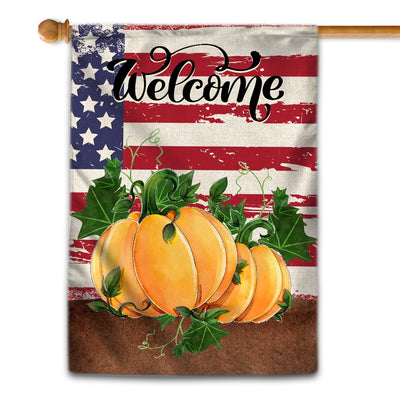 Home Welcome Fall Flag Quote Patriotic House Rustic Autumn Harvest Pumpkin Primitive Vintage Seasonal | siriusteestore