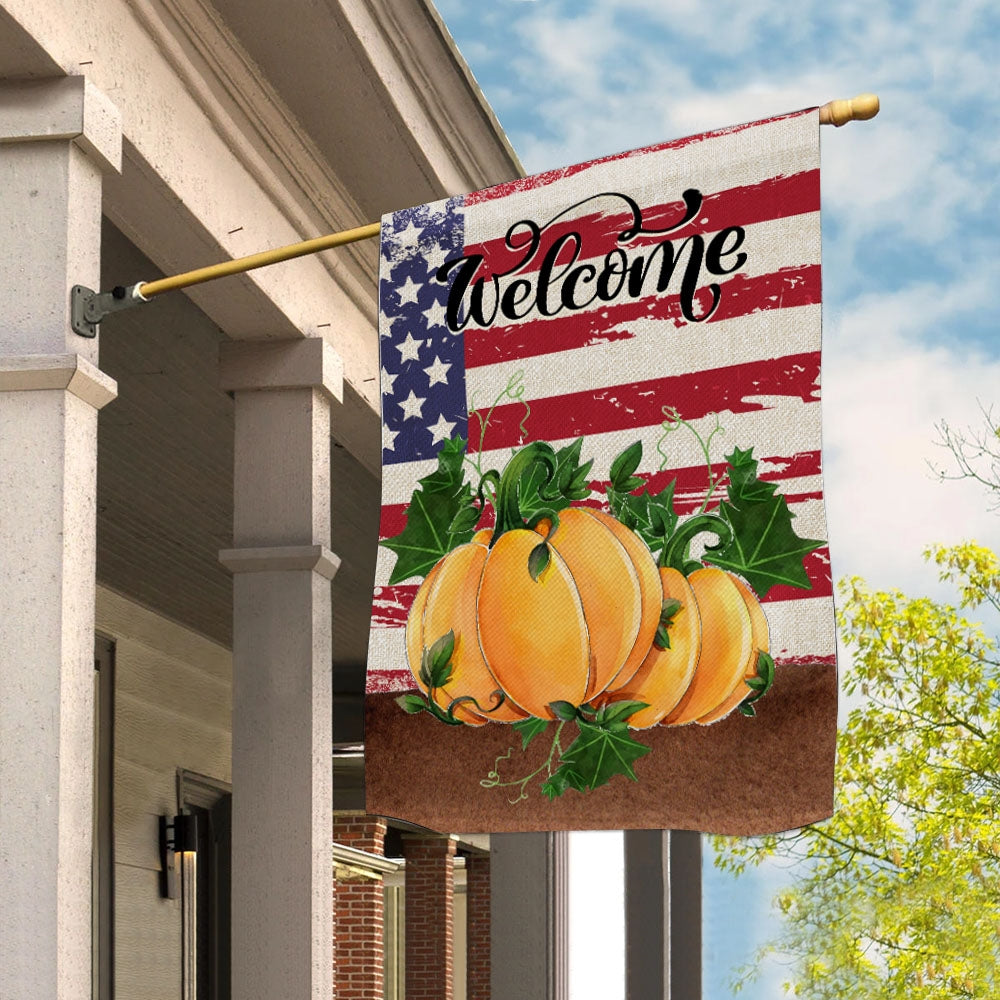 Home Welcome Fall Flag Quote Patriotic House Rustic Autumn Harvest Pumpkin Primitive Vintage Seasonal | siriusteestore
