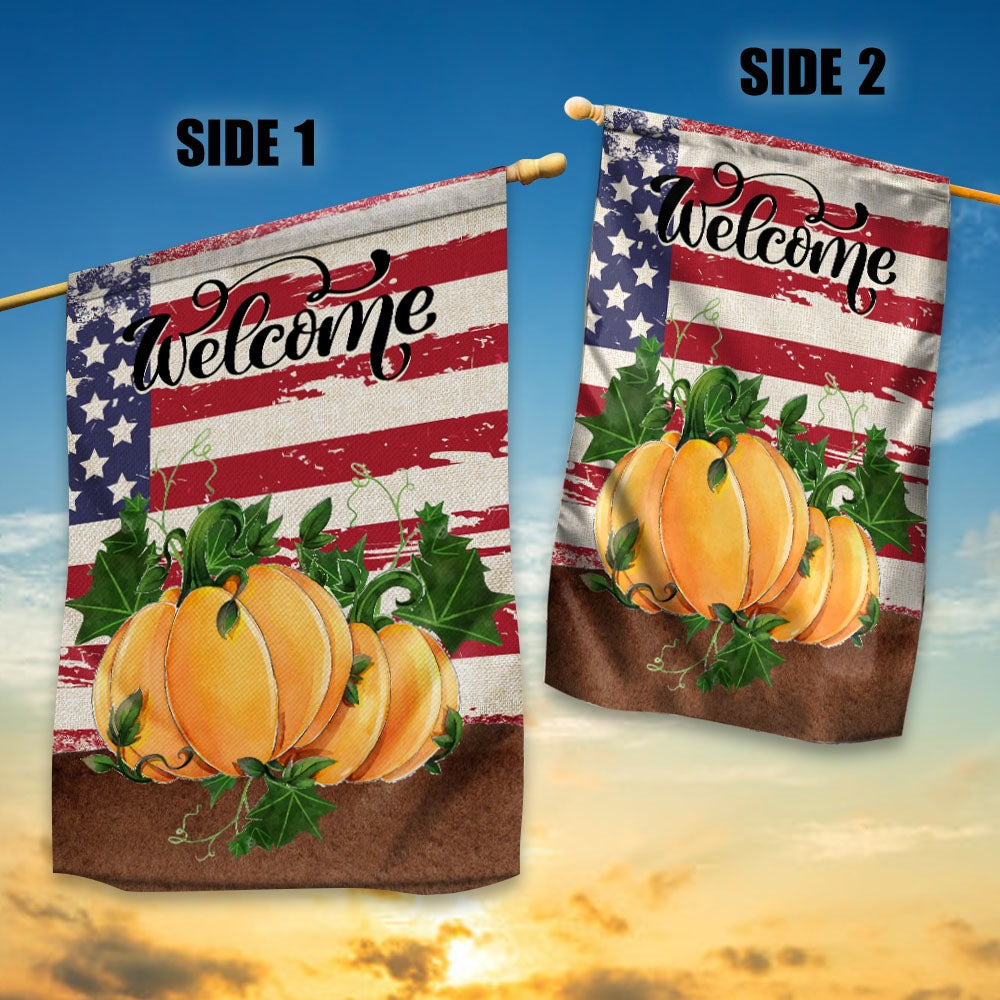 Home Welcome Fall Flag Quote Patriotic House Rustic Autumn Harvest Pumpkin Primitive Vintage Seasonal | siriusteestore