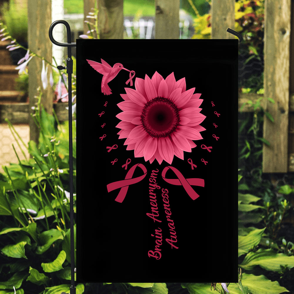 Hummingbird Sunflower Brain Aneurysm Awareness Flag Burgundy Ribbon | siriusteestore