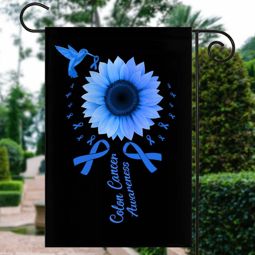 Hummingbird Sunflower Colon Cancer Awareness Flag Blue Ribbon | siriusteestore