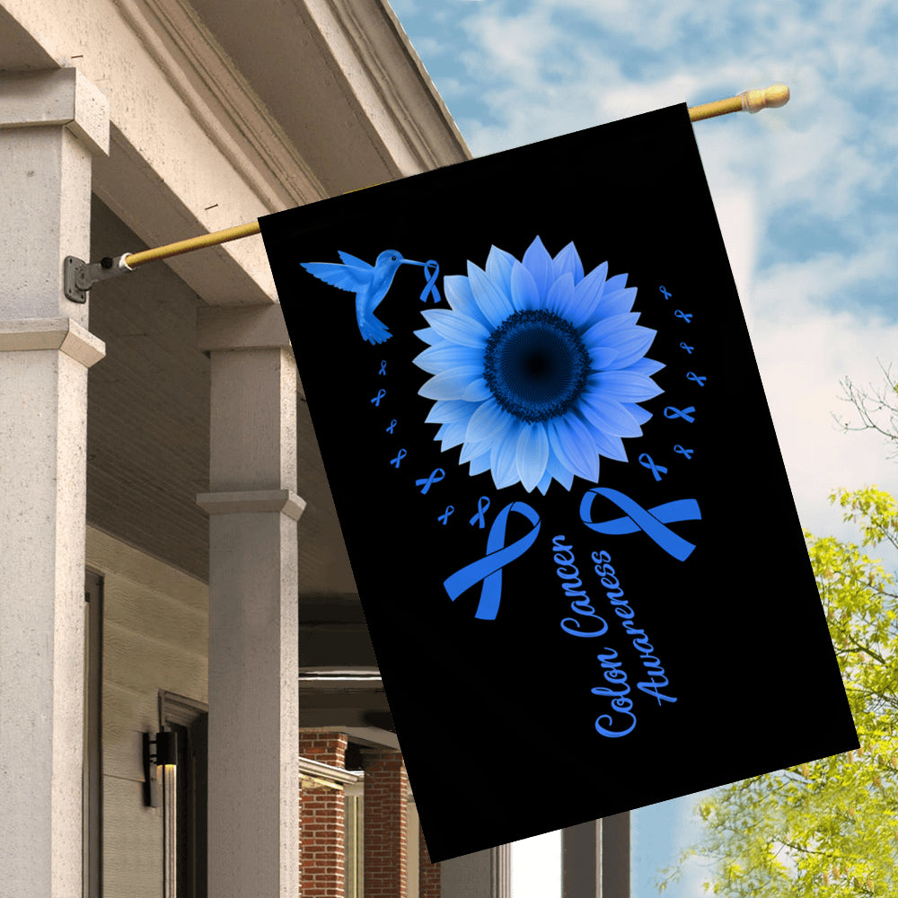 Hummingbird Sunflower Colon Cancer Awareness Flag Blue Ribbon | siriusteestore