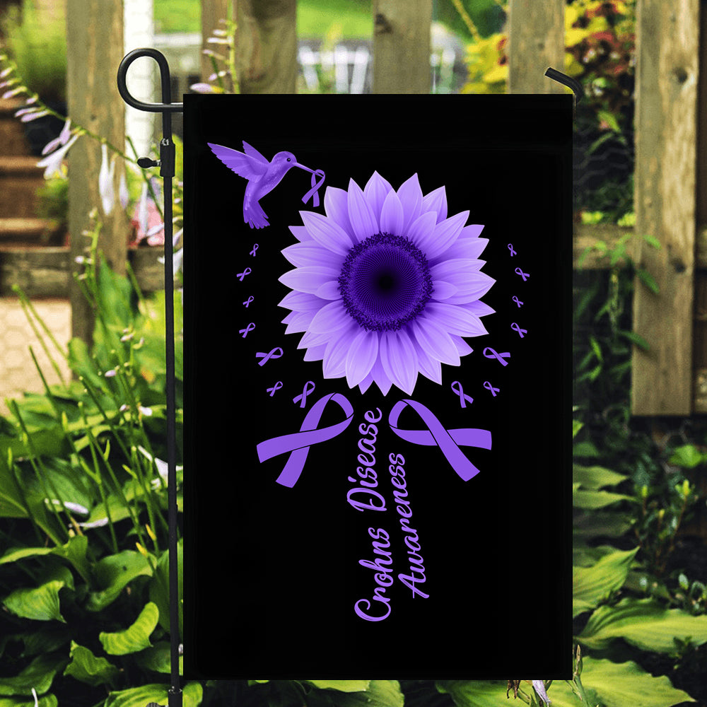 Hummingbird Sunflower Crohns Disease Awareness Flag Purple Ribbon | siriusteestore