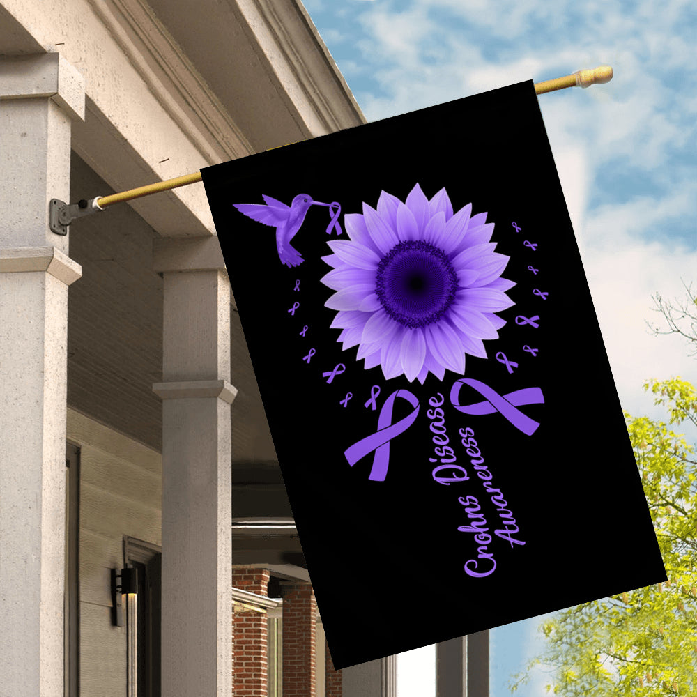 Hummingbird Sunflower Crohns Disease Awareness Flag Purple Ribbon | siriusteestore