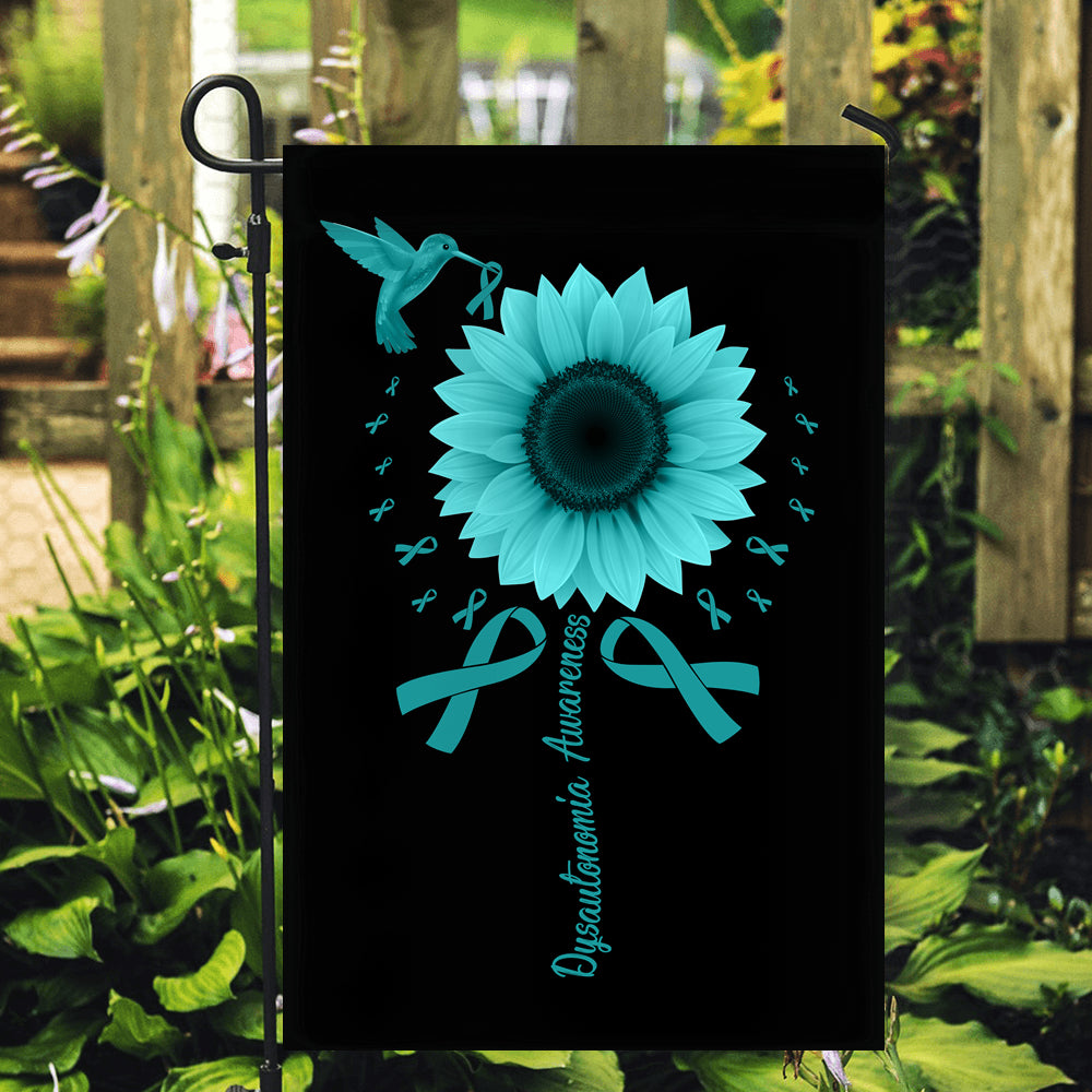 Hummingbird Sunflower Dysautonomia Awareness Flag Turquoise Ribbon | siriusteestore
