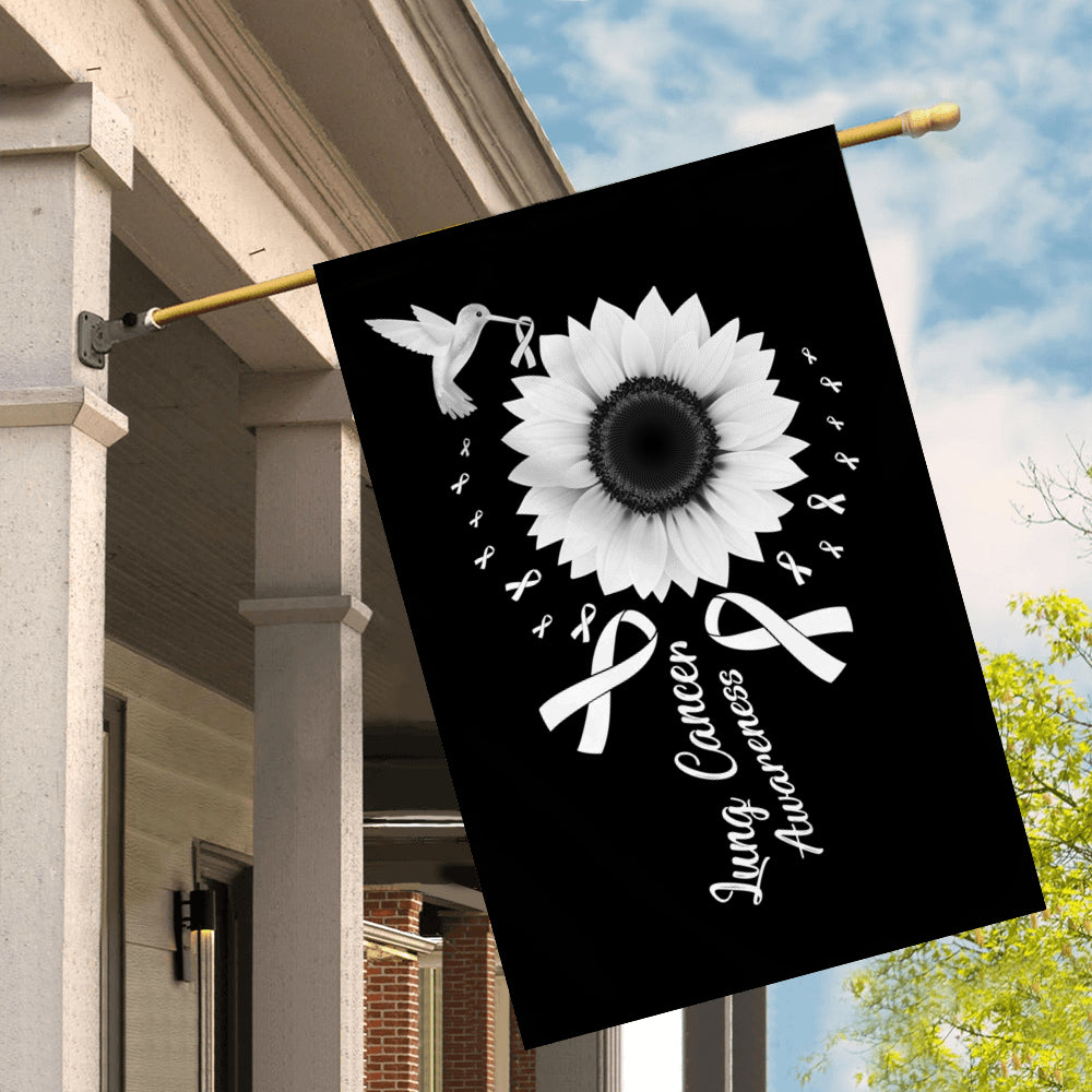 Hummingbird Sunflower Lung Cancer Awareness Flag White Ribbon | siriusteestore