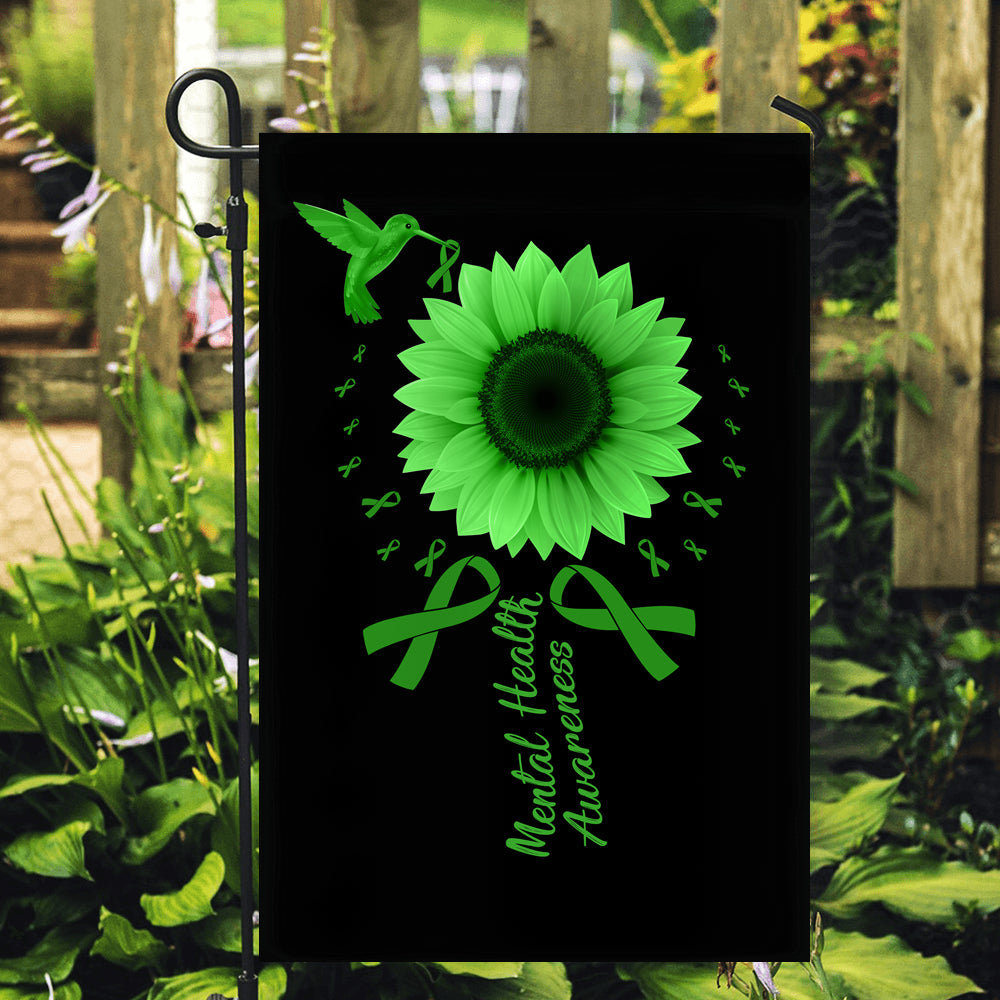 Hummingbird Sunflower Mental Health Awareness Flag Green Ribbon | siriusteestore