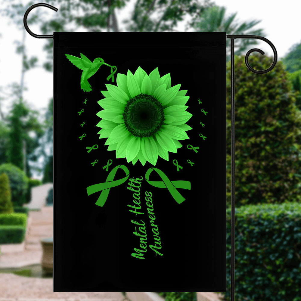 Hummingbird Sunflower Mental Health Awareness Flag Green Ribbon | siriusteestore