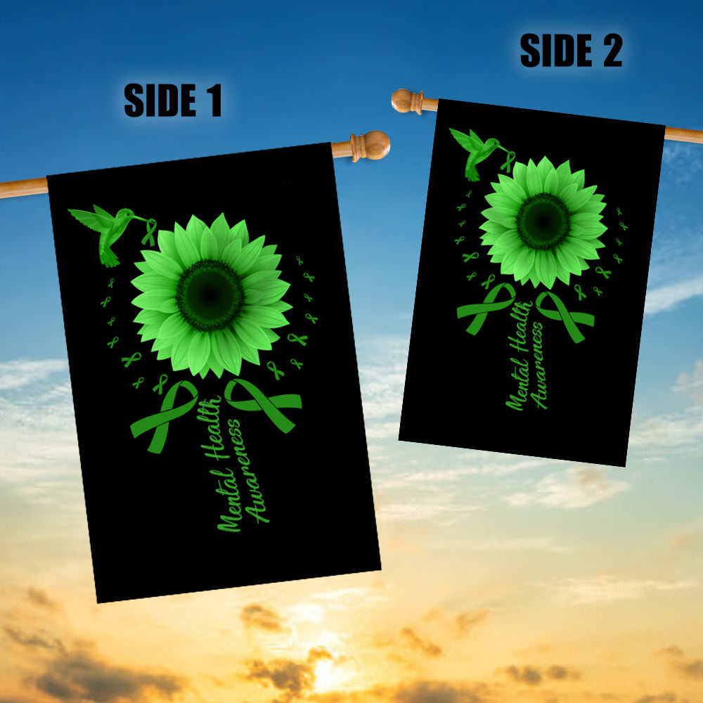 Hummingbird Sunflower Mental Health Awareness Flag Green Ribbon | siriusteestore