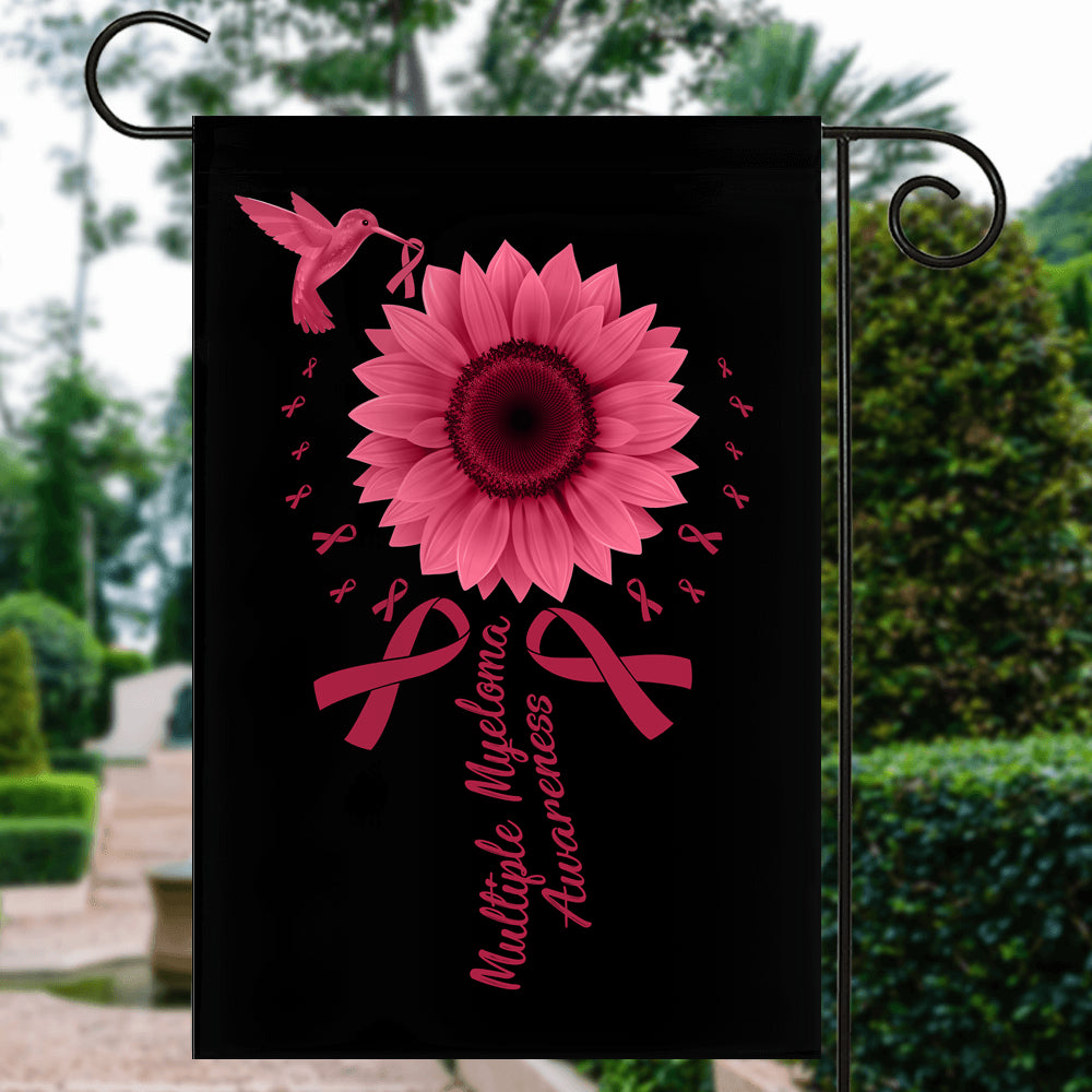 Hummingbird Sunflower Multiple Myeloma Awareness Flag Burgundy Ribbon | siriusteestore