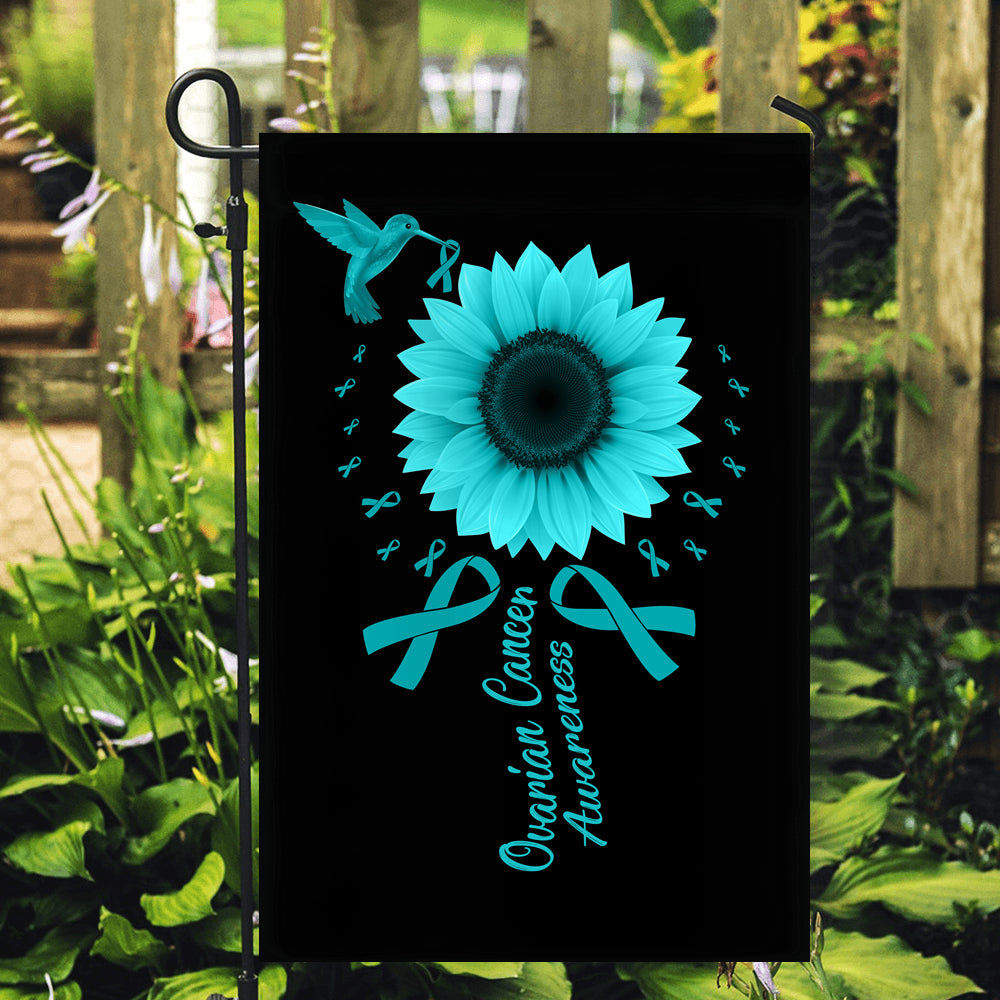 Hummingbird Sunflower Ovarian Cancer Awareness Flag Teal Ribbon | siriusteestore